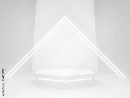 Fototapeta Naklejka Na Ścianę i Meble -  3D White geometric product stand with neon lights.