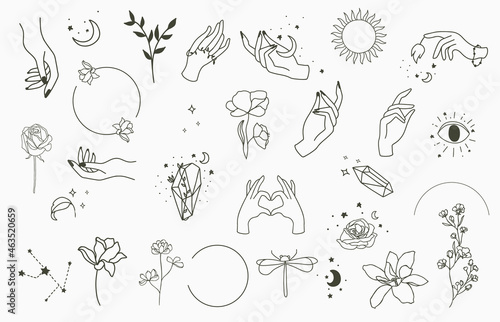 Beauty occult collection with hand,geometric,flower.Vector illustration for icon,sticker,printable and tattoo
