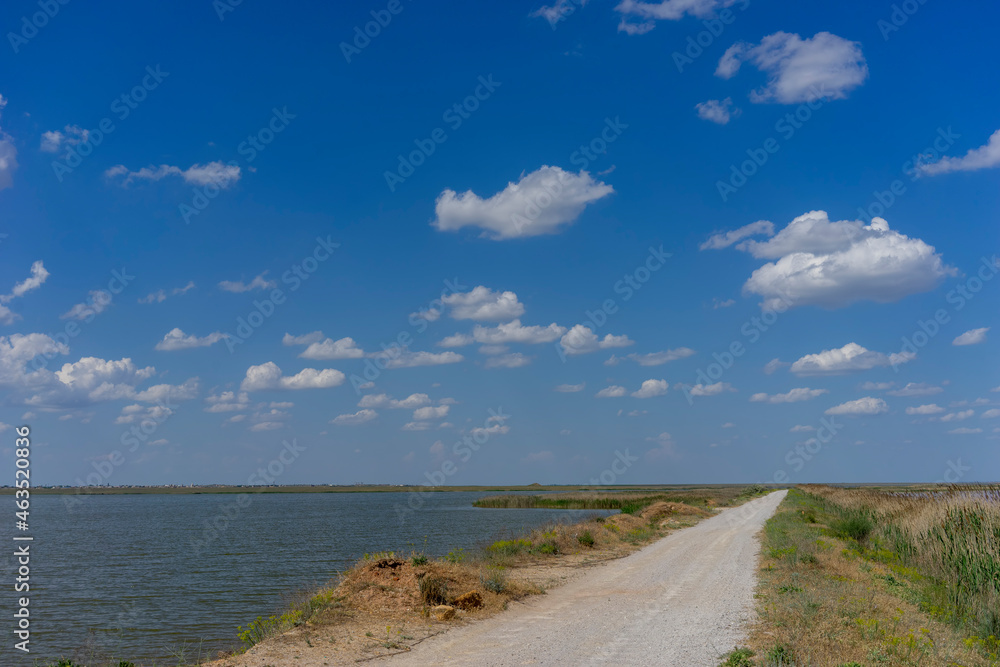 Landscape with a road near Lake Sasyk-Sivash, Crimea.