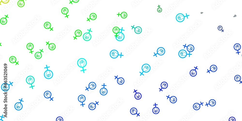 Light Blue, Green vector backdrop with woman's power symbols.