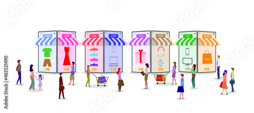 Online shopping landing page. Flat people characters with shopping. Perfect for web design, banner, mobile app, landing page. Vector illustration.