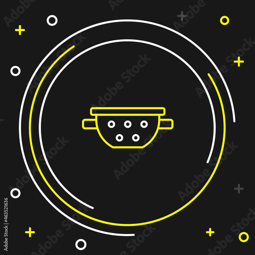 Line Kitchen colander icon isolated on black background. Cooking utensil. Cutlery sign. Colorful outline concept. Vector