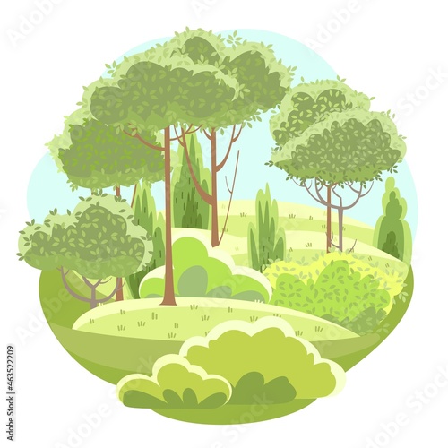 Amusing beautiful forest landscape. Cartoon style. Grass hills. Rural natural look. Cool romantic pretty. Flat design round illustration. Isolated on white background. Vector art