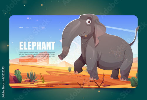Wild nature banner with happy elephant walking in savannah. Vector landing page with cartoon illustration of sand desert with cactuses, stones and cute big african animal