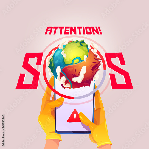 Attention poster with mobile phone with alert sign and Earth globe with dry part after global warming. Vector banner of environment protection with cartoon hands holding smartphone and green planet