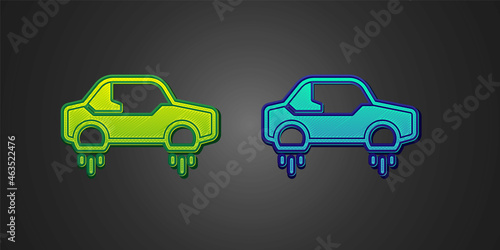 Green and blue Fantastic flying car icon isolated on black background. Hover car future technology future transport. Vector