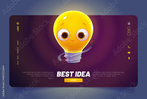 Best idea banner with cute light bulb character. Concept of creative solutions and innovation. Vector landing page with cartoon illustration of funny glowing lamp