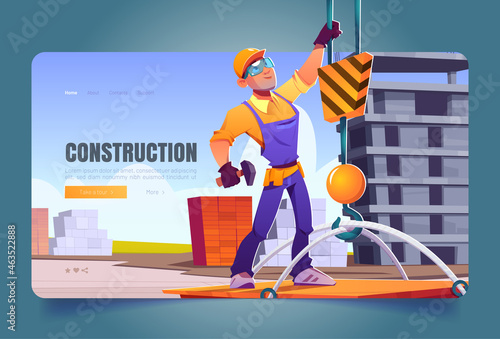Construction banner with worker in helmet and crane hook. Vector landing page of house building with cartoon illustration of man builder in orange hardhat lifting weight with machinery