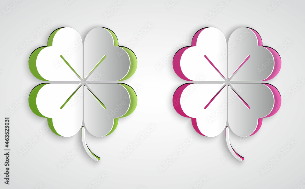Paper cut Four leaf clover icon isolated on grey background. Happy Saint Patrick day. Paper art style. Vector Paper cut Four leaf clover icon isolated on grey background. Happy Saint Patrick day. Paper art style. Vector