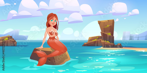 Cute mermaid sitting on rock in sea. Cartoon character beautiful girl with red hair and fish tail at ocean rocky landscape with calm water under cloudy sky. Fairy tale, mythology, Vector illustration