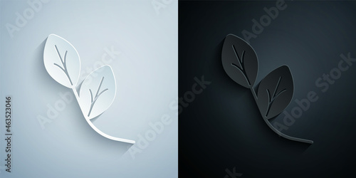 Paper cut Leaf icon isolated on grey and black background. Leaves sign. Fresh natural product symbol. Paper art style. Vector