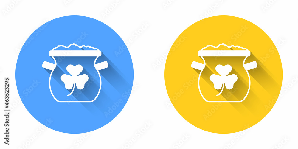 White Pot of gold coins icon isolated with long shadow background. Happy Saint Patricks day. National Irish holiday. Circle button. Vector White Pot of gold coins icon isolated with long shadow background. Happy Saint Patricks day. National Irish holiday. Circle button. Vector