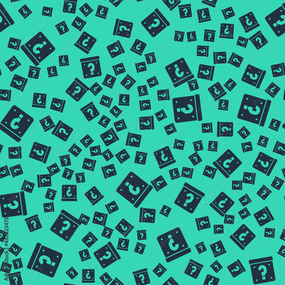 Black Mystery box or random loot box for games icon isolated seamless pattern on green background. Question mark. Unknown surprise box. Vector Black Mystery box or random loot box for games icon isolated seamless pattern on green background. Question mark. Unknown surprise box. Vector