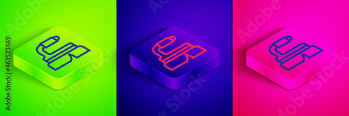 Isometric line Brush for cleaning icon isolated on green, blue and pink background. Cleaning service concept. Square button. Vector