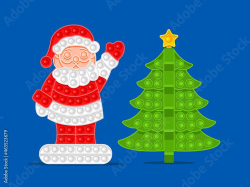 Santa Claus and Christmas tree. Symbols of the New Year, anti-stress toy. Vector illustration on blue background