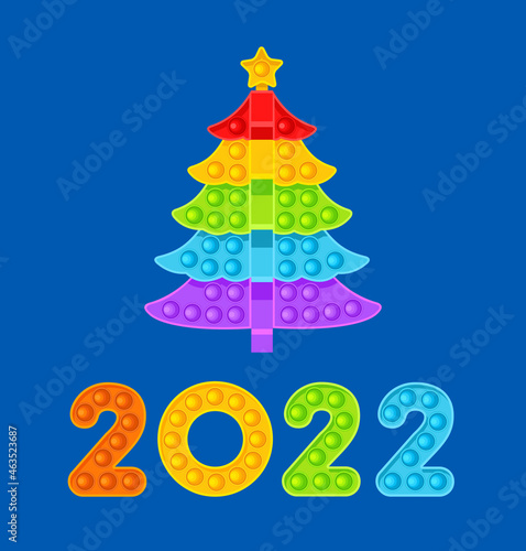Christmas tree and colored numbers 2022. New Year, anti-stress toy. Vector illustration on blue background