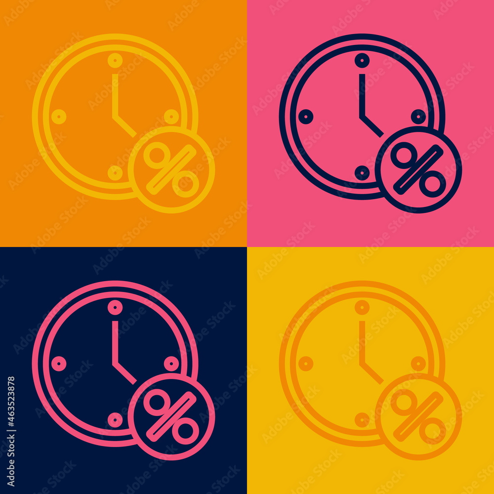 Pop art line Clock and percent discount icon isolated on color background. Vector Pop art line Clock and percent discount icon isolated on color background. Vector