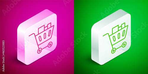 Isometric line Shopping cart and food icon isolated on pink and green background. Food store, supermarket. Silver square button. Vector