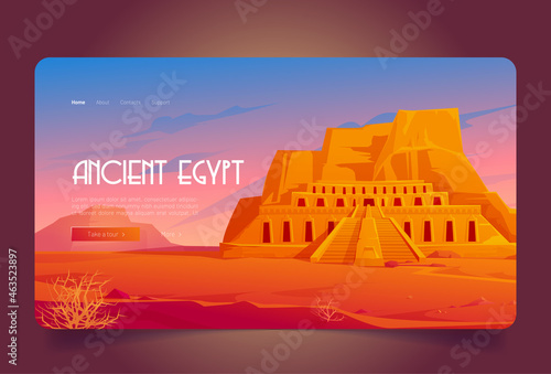 Ancient Egypt cartoon landing page, mortuary temple of queen Hatshepsut in Deir al-Bahri, world famous Egyptian landmark in desert landscape. Tourist attraction architecture building Vector web banner