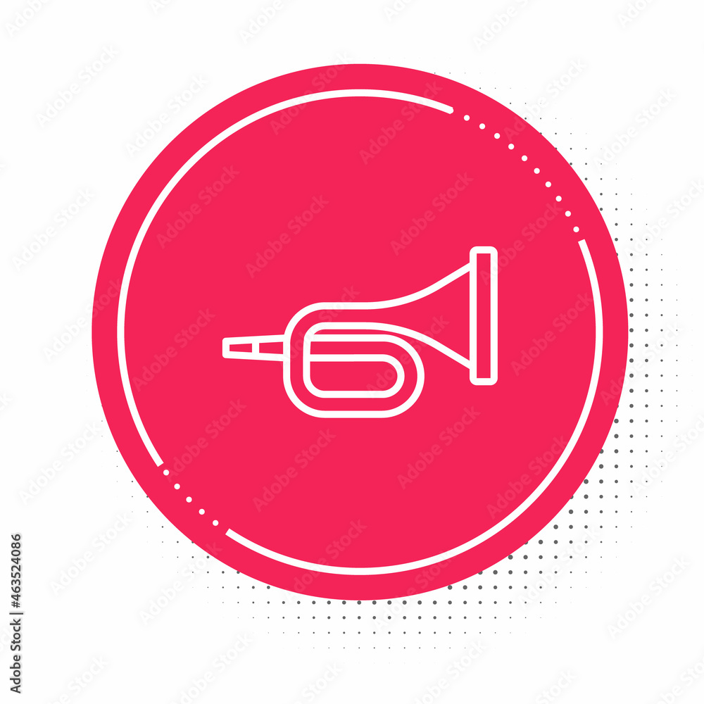 White line Musical instrument trumpet icon isolated on white background. Red circle button. Vector White line Musical instrument trumpet icon isolated on white background. Red circle button. Vector