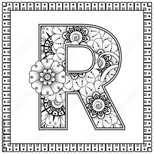 Letter R made of flowers in mehndi style. coloring book page. outline hand-draw vector illustration.