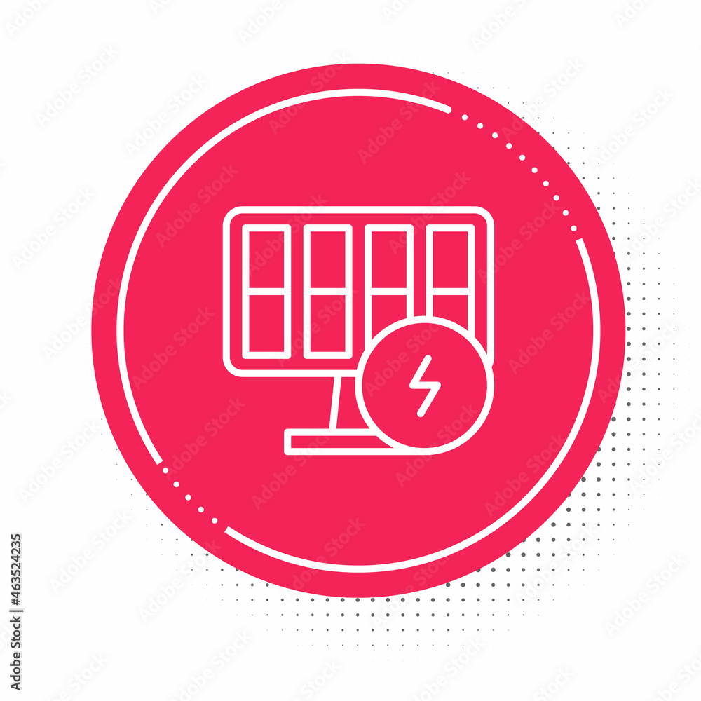 White line Solar energy panel icon isolated on white background. Red circle button. Vector White line Solar energy panel icon isolated on white background. Red circle button. Vector