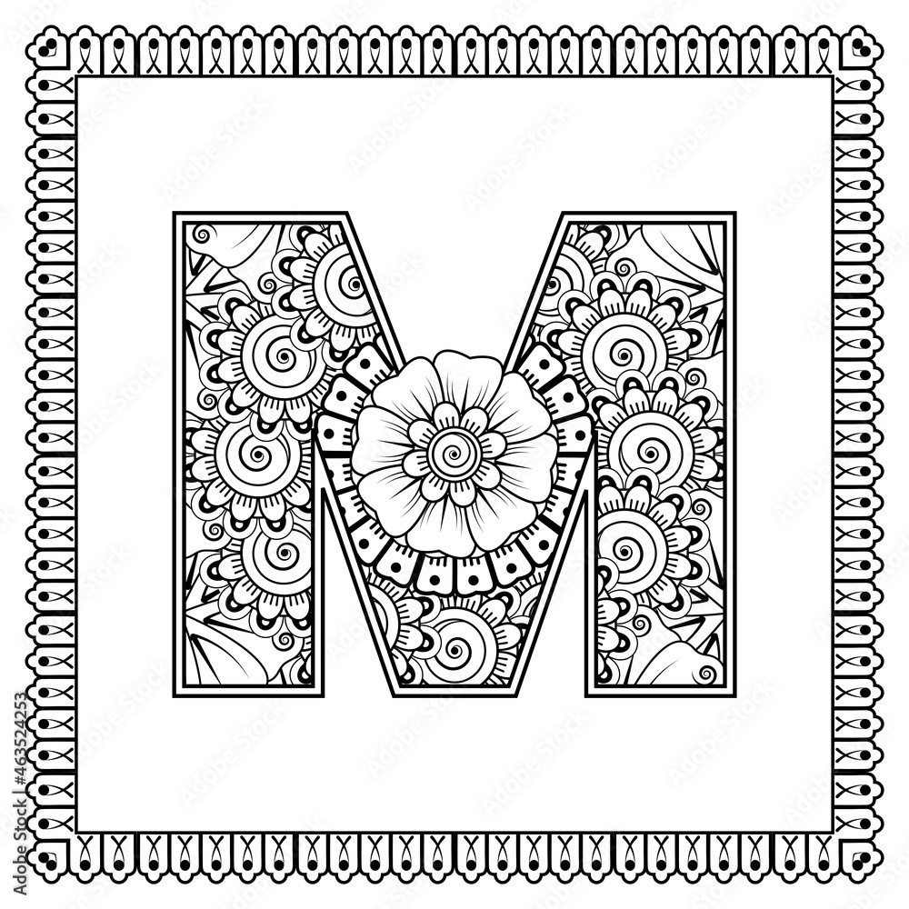 Letter M made of flowers in mehndi style coloring book page outline Letter M made of flowers in mehndi style coloring book page outline