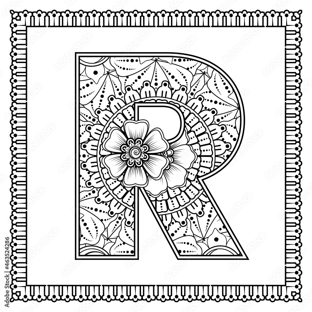 Letter R made of flowers in mehndi style. coloring book page. outline hand-draw vector illustration.