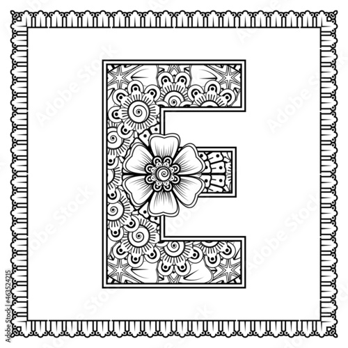 Letter E made of flowers in mehndi style. coloring book page. outline hand-draw vector illustration.