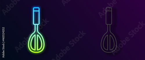 Glowing neon line Kitchen whisk icon isolated on black background. Cooking utensil, egg beater. Cutlery sign. Food mix symbol. Vector