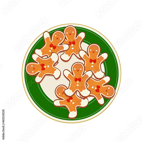 Gingerbread man Christmas cookies on green plate. Top view vector illustration for new year and winter holiday design.