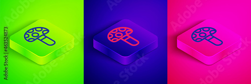 Isometric line Psilocybin mushroom icon isolated on green, blue and pink background. Psychedelic hallucination. Square button. Vector