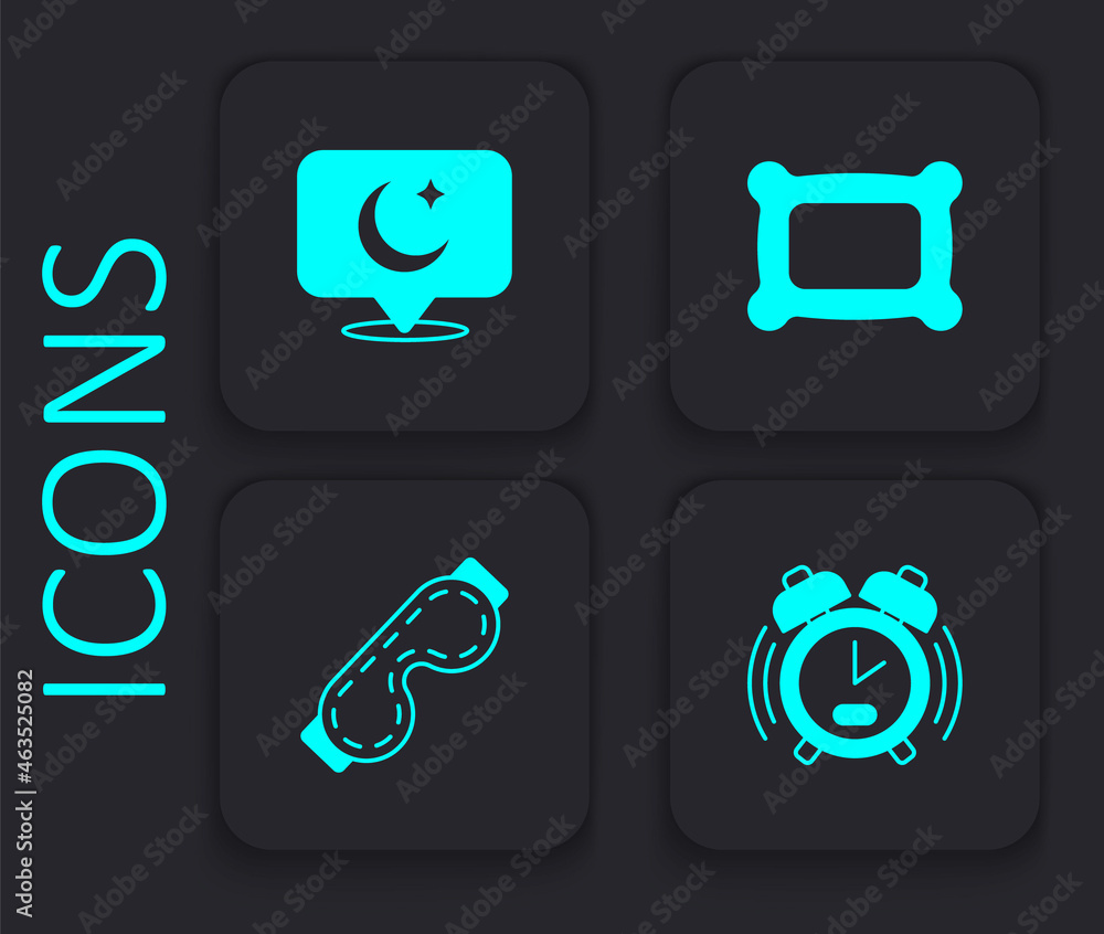 Set Alarm clock, Moon and stars, Pillow and Eye sleep mask icon. Black square button. Vector Set Alarm clock, Moon and stars, Pillow and Eye sleep mask icon. Black square button. Vector