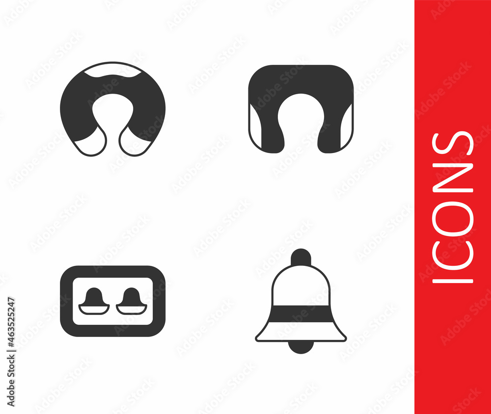 Set Ringing bell, Travel neck pillow, Earplugs with storage box and icon. Vector Set Ringing bell, Travel neck pillow, Earplugs with storage box and icon. Vector