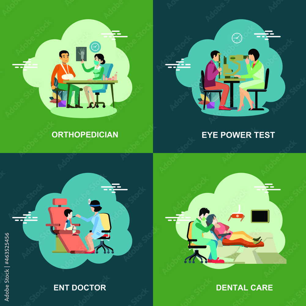 Fototapeta premium Orthopedician, dental care, ENT doctor, eye power test flat vector concept collection design set