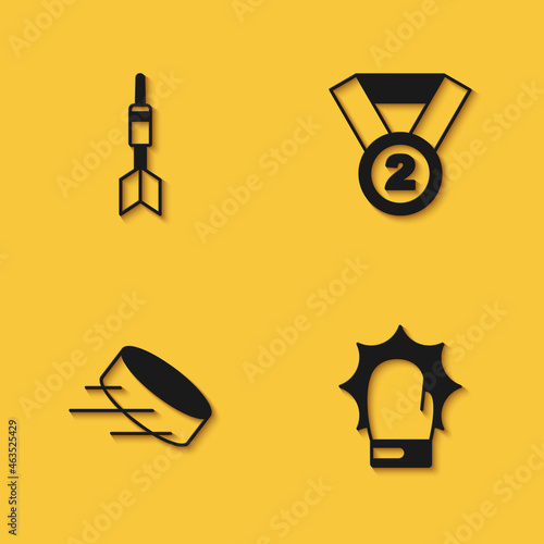 Set Dart arrow, Punch in boxing gloves, Hockey puck and Medal icon with long shadow. Vector