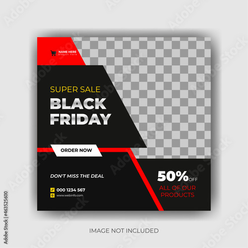Black Friday Sale Social Media Post Banner Template. Super discount sale square flyer template. Modern and editable.