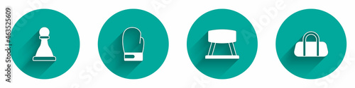 Set Chess, Boxing glove, Pommel horse and Sport bag icon with long shadow. Vector