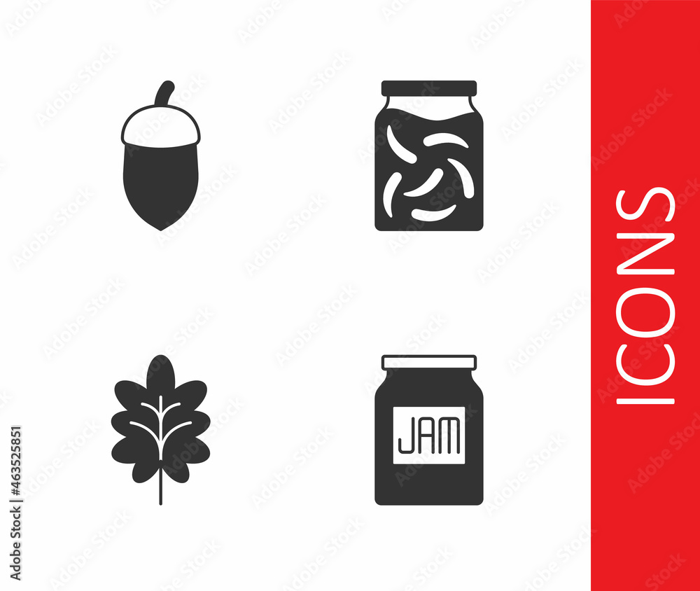 Set Jam jar, Acorn, Leaf and Pickled cucumbers in icon. Vector