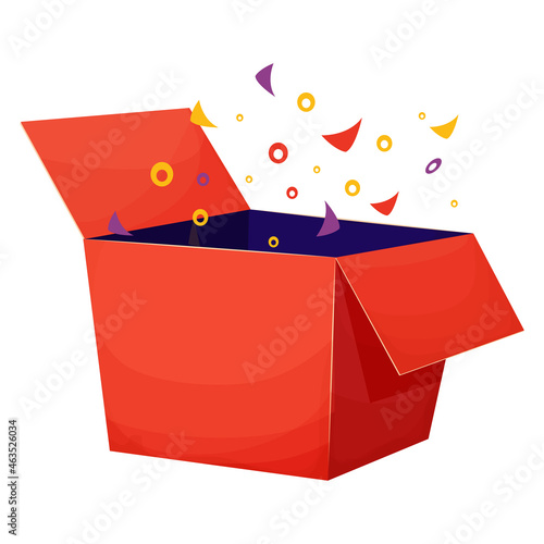Surprise cardboard open present box, prize or reward in cartoon style isolated on white background. Promotion, lucky bonus.