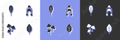 Set Leaf  Mushroom and Winter hat icon. Vector