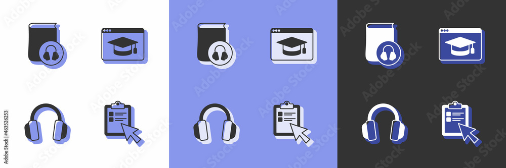 Set Online quiz, test, survey, Audio book, Headphones and education icon. Vector Set Online quiz, test, survey, Audio book, Headphones and education icon. Vector