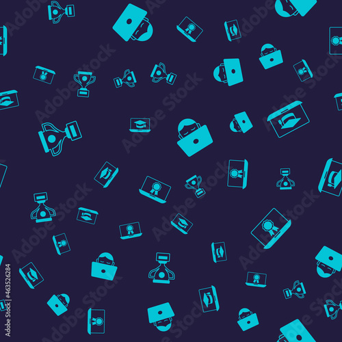 Set Award cup, Graduation cap on laptop, Student working and Online education with diploma on seamless pattern. Vector