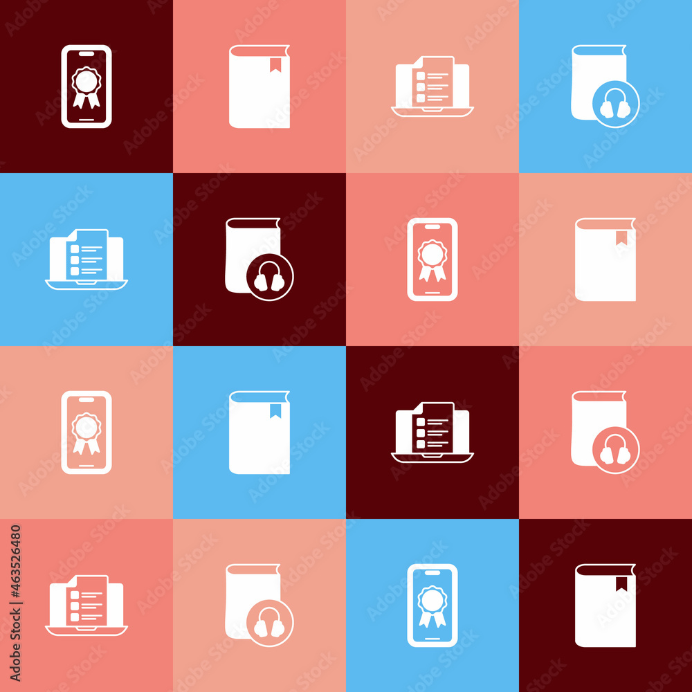 Set pop art Online education with diploma, Book, quiz, test, survey and Audio book icon. Vector Set pop art Online education with diploma, Book, quiz, test, survey and Audio book icon. Vector