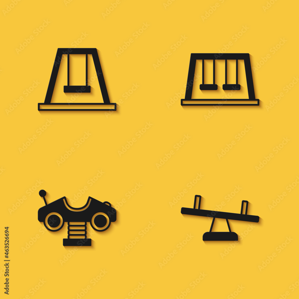 Set Swing for kids, Seesaw, car and Swings icon with long shadow. Vector Set Swing for kids, Seesaw, car and Swings icon with long shadow. Vector
