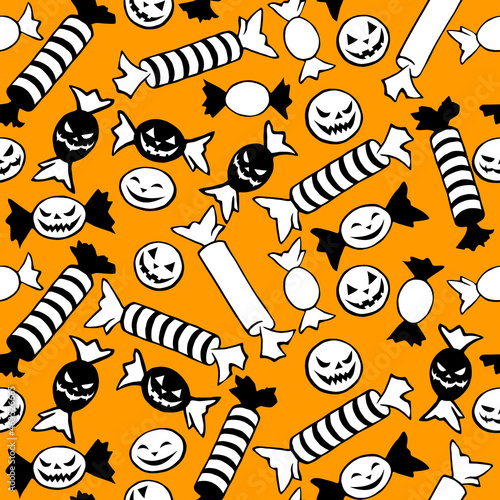 Vector seamless pattern of candy in different wrappers in Halloween style. Trick or treat. Bright texture for holiday design, decoration, wrapping paper