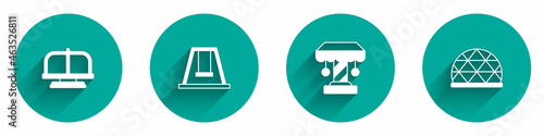 Set Attraction carousel, Swing for kids, and Playground climbing equipment icon with long shadow. Vector