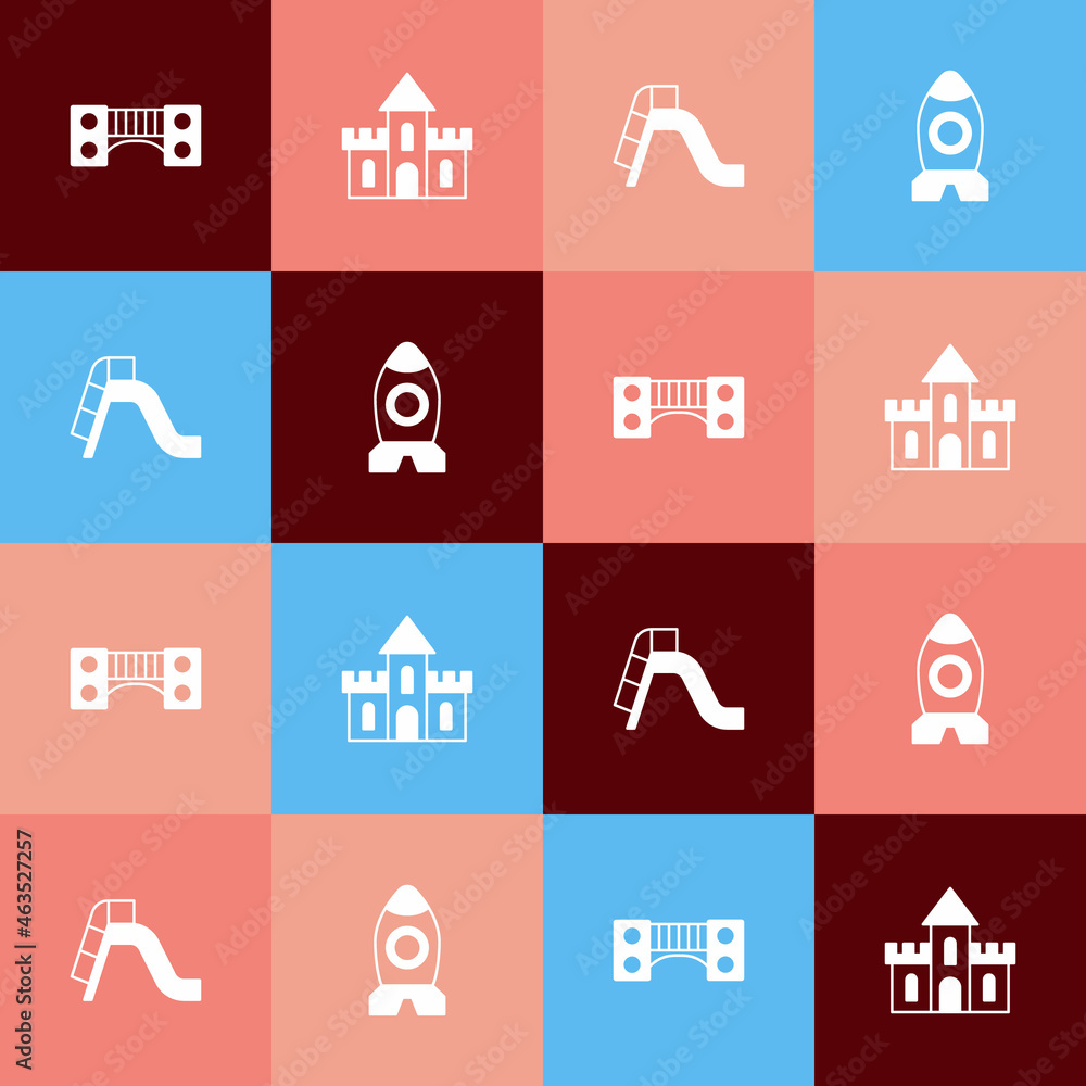 Set pop art Playground kids bridge, Sand castle, Slide playground and Rocket ship toy icon. Vector Set pop art Playground kids bridge, Sand castle, Slide playground and Rocket ship toy icon. Vector