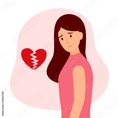 Broken heart concept vector illustration. Sad woman with heartbreak pieces. Grief and painful heart.
