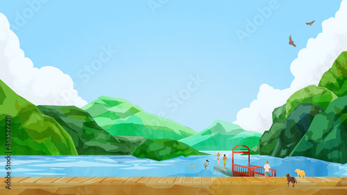 湖と山の風景手書き水彩風イラスト
